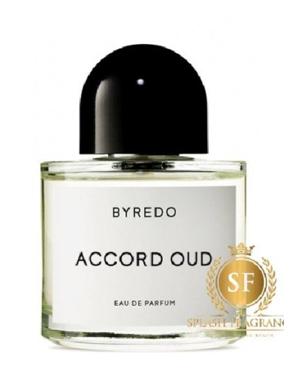 A sleek bottle of Byredo Accord Oud Eau de Parfum with a black cap.