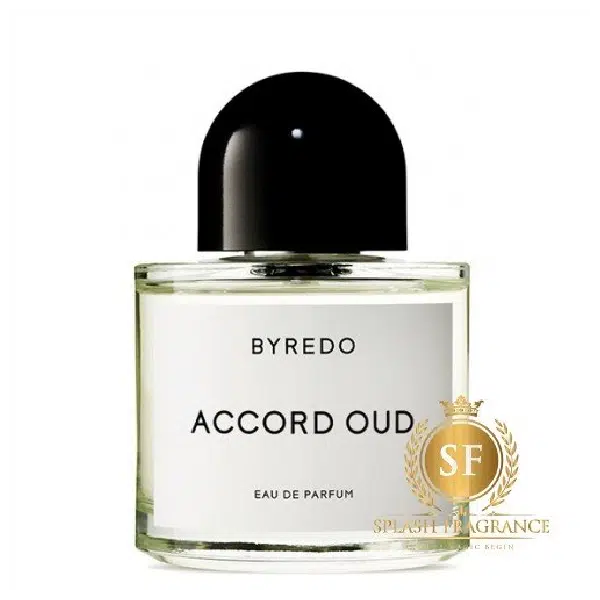 A sleek bottle of Byredo Accord Oud Eau de Parfum with a black cap.