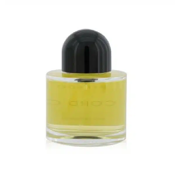 A small transparent perfume bottle with yellow liquid and a black cap.