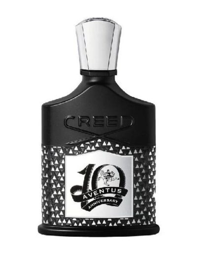 Elegant black Creed 10th Anniversary perfume bottle with intricate design.