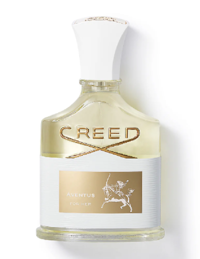 A bottle of Creed Aventus Cologne with a white cap and gold label.