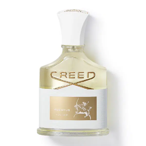A bottle of Creed Aventus Cologne with a white cap and gold label.