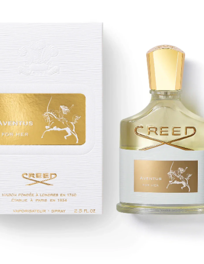 Bottle of Creed Aventus perfume with its white and gold packaging.
