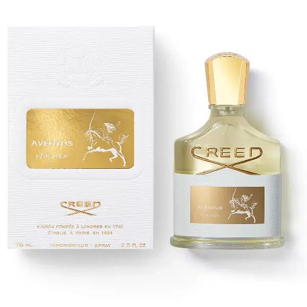 Bottle of Creed Aventus perfume with its white and gold packaging.