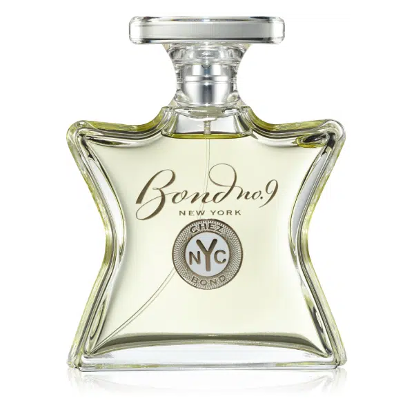 Bottle of Bond No. 9 New York City perfume with a star-shaped design.