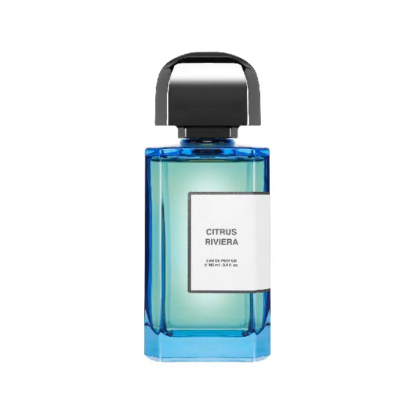 Elegant blue glass perfume bottle with black cap and white label.