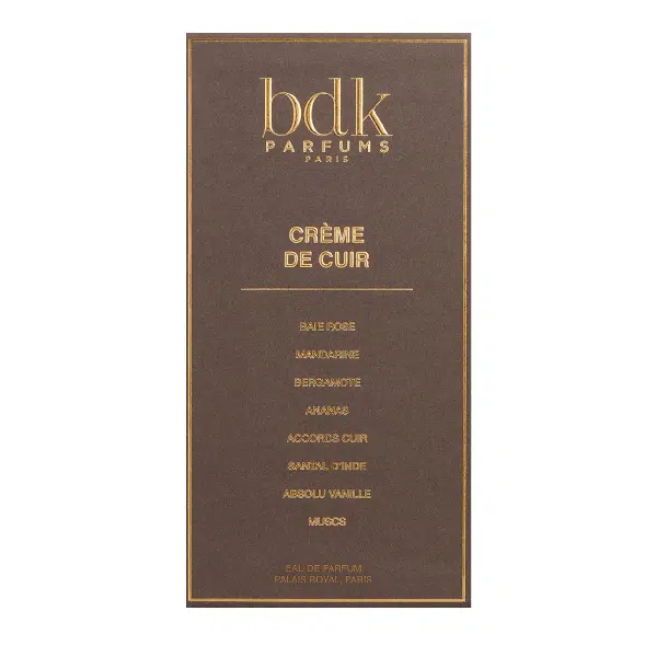 BDK Parfums Crรจme de Cuir fragrance box with gold text on dark background.