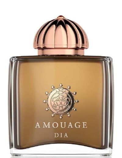 A bottle of Amouage Dia perfume with a gold and copper-toned cap.