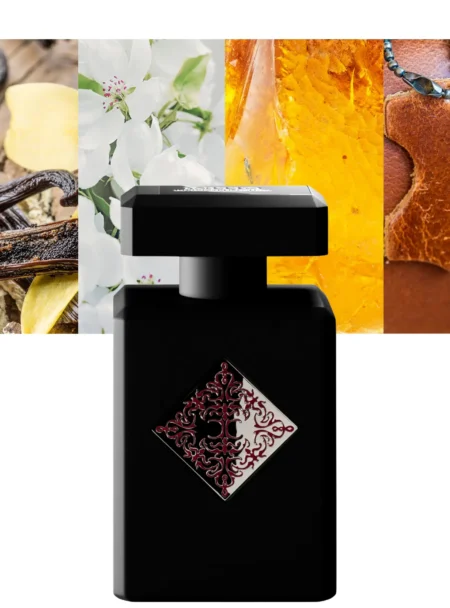 Black perfume bottle with vanilla jasmine amber leather