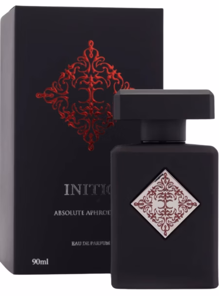 Matte black perfume bottle with red emblem