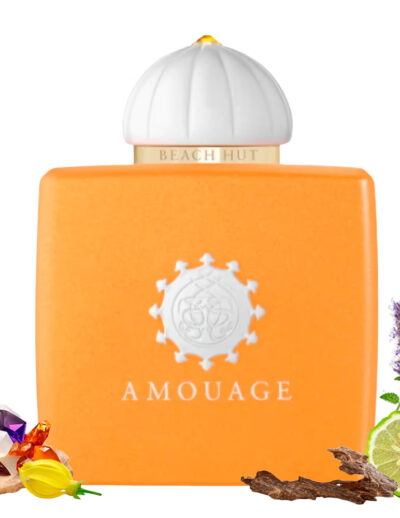 Orange Amouage perfume bottle with white cap and floral accents.