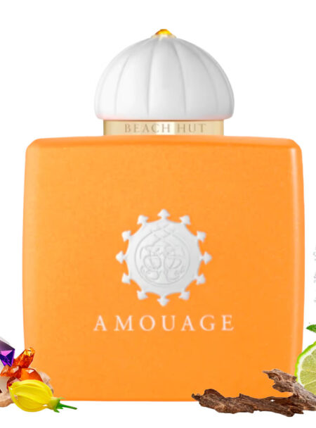 Orange Amouage perfume bottle with white cap and floral accents.