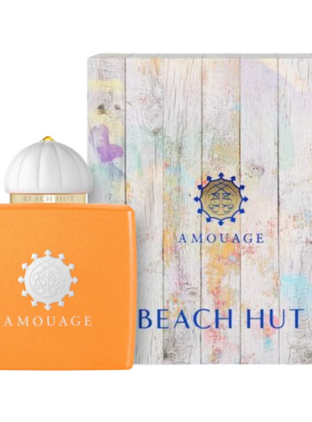 Sundrenched orange bottle of 'Beach Hut' perfume with a vibrant, beach-themed box.