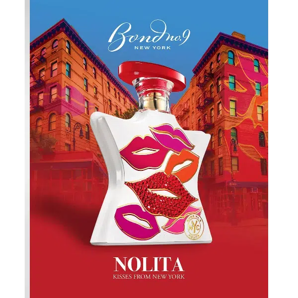 Stylish perfume bottle with bold red lips design against vibrant cityscape.