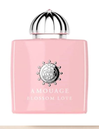 Pink Amouage Blossom Love perfume bottle with silver cap.