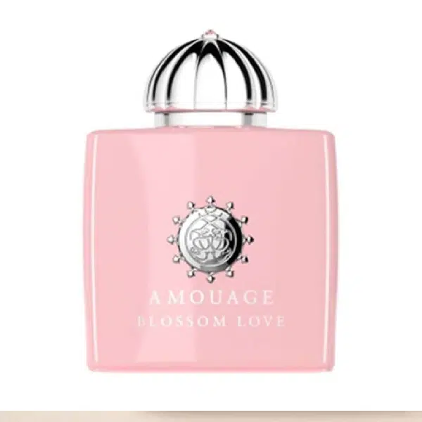 Pink Amouage Blossom Love perfume bottle with silver cap.