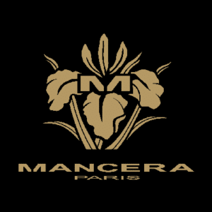 Elegant gold Mancera Paris logo on a black background.