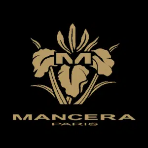 Elegant gold Mancera Paris logo on a black background.