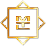 Golden geometric logo with stylized letters M and C.