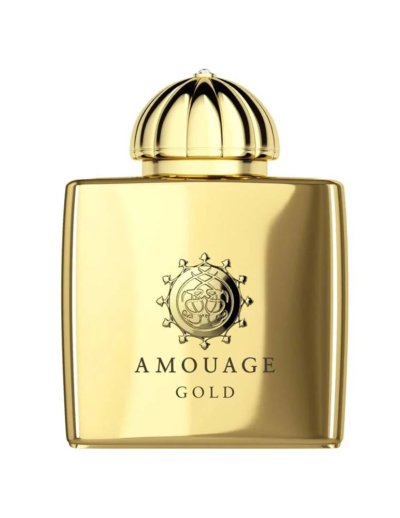 Elegant gold perfume bottle with ornate cap and Amouage Gold branding.