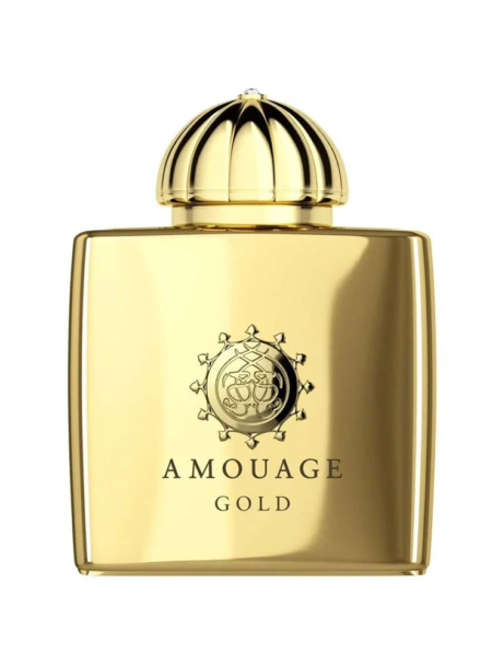 Elegant gold perfume bottle with ornate cap and Amouage Gold branding.