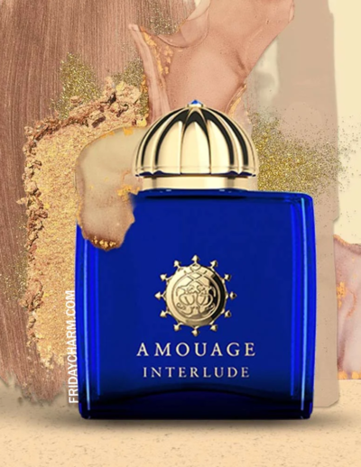 Elegant blue Amouage Interlude perfume bottle with a gold cap.