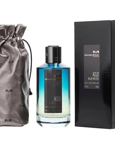 Elegant blue perfume bottle with black box and silver pouch.