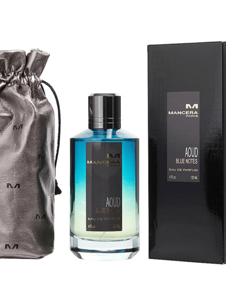 Elegant blue perfume bottle with black box and silver pouch.