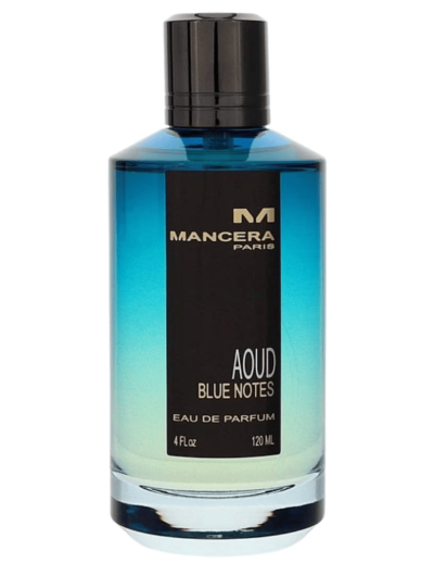 A stylish blue gradient perfume bottle labeled Mancera Aqua Blue Nectar.