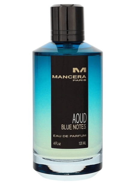 A stylish blue gradient perfume bottle labeled Mancera Aqua Blue Nectar.