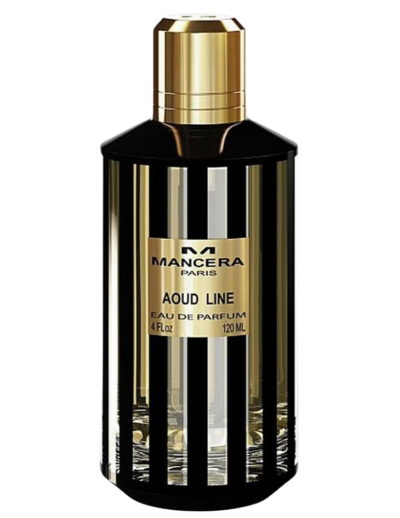 Elegant black and gold fragrance bottle with vertical stripes.