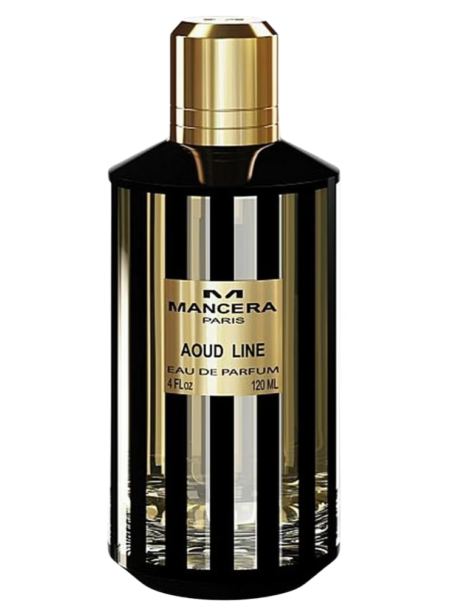 Elegant black and gold fragrance bottle with vertical stripes.