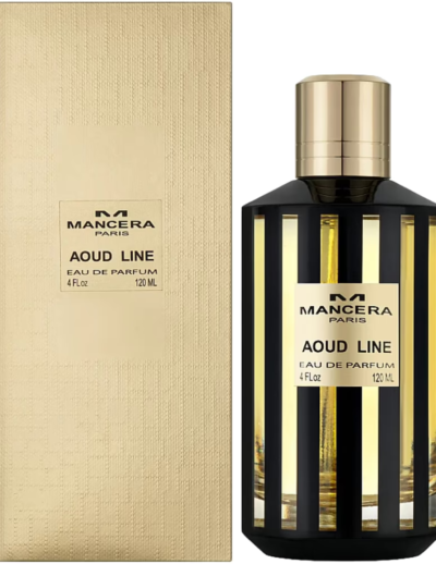 Luxury black and gold bottle of Masque Milano Aoud Line perfume with matching box.