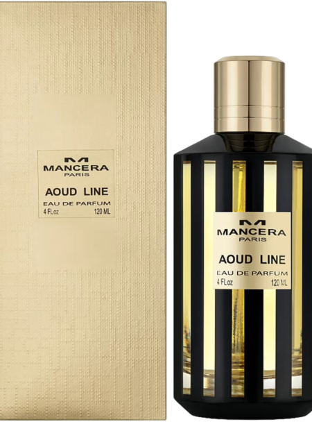 Luxury black and gold bottle of Masque Milano Aoud Line perfume with matching box.