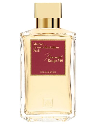 Elegant perfume bottle with a red label and gold cap.