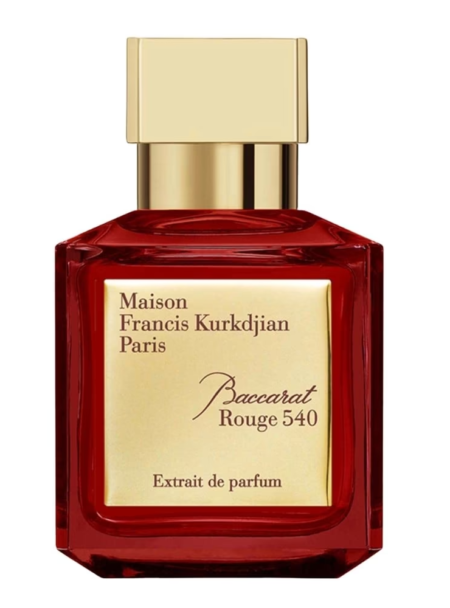 A luxurious red perfume bottle with a beige cap and gold label.