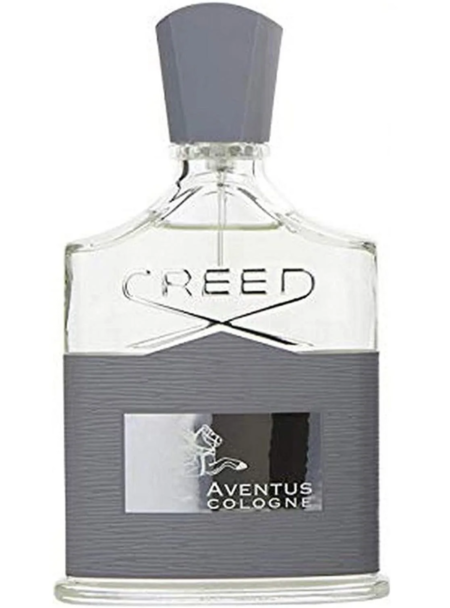 A bottle of Creed Aventus cologne with a gray cap.