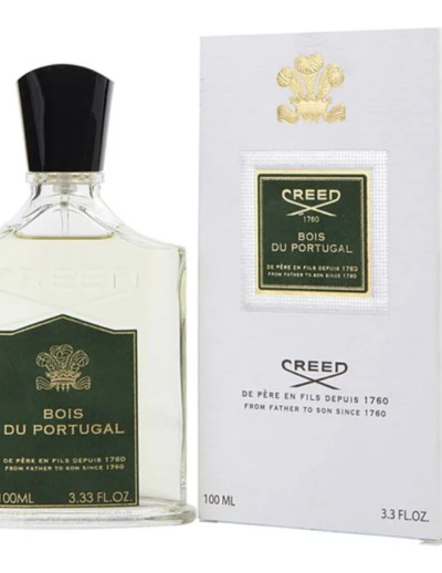 A bottle and box of Creed Royal du Portugal perfume with green labels and gold accents.