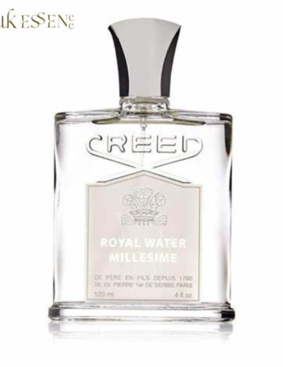 A clear glass bottle of Creed Silver Mountain Water perfume with a silver cap.