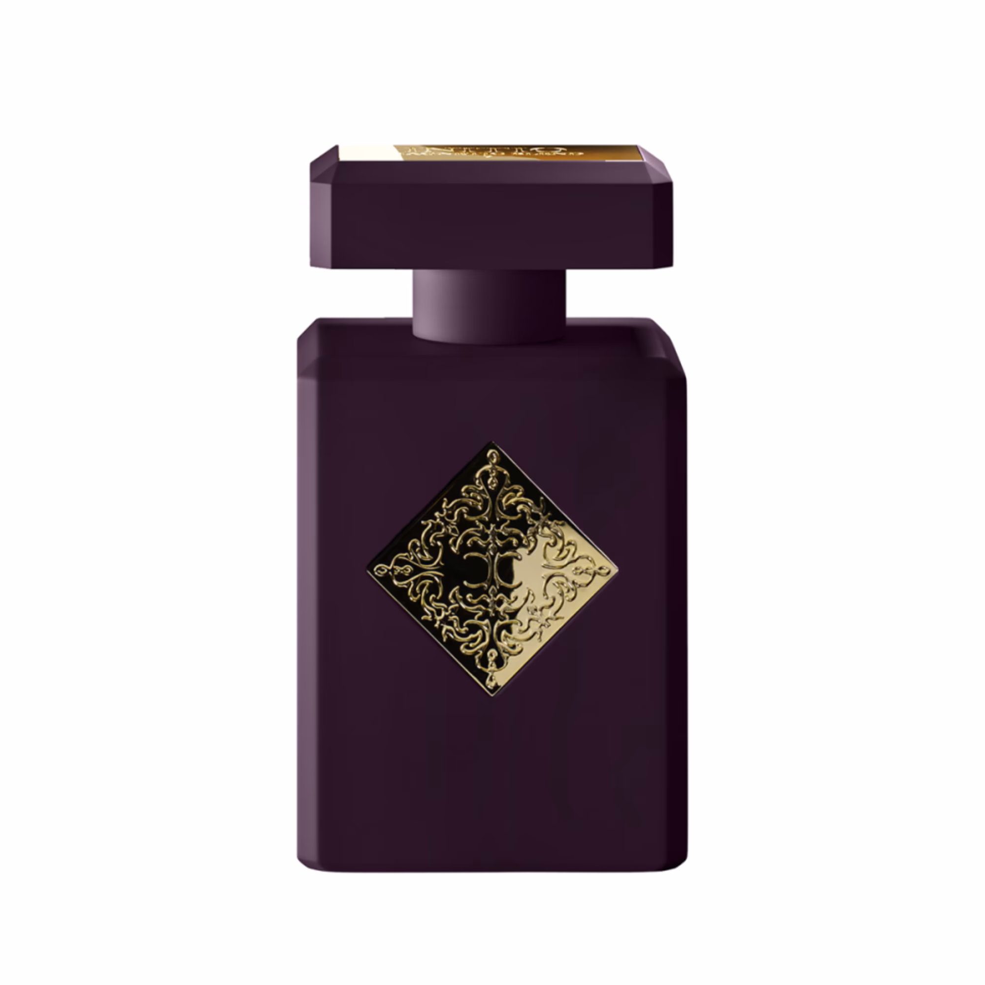Dark purple perfume bottle with gold emblem