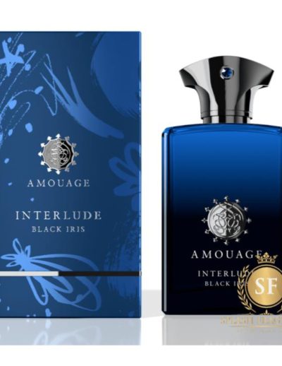 Elegant blue bottle of Amouage Interlude perfume with matching box.