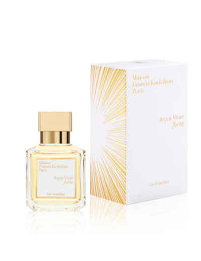Elegant perfume bottle and matching box with gold accents.