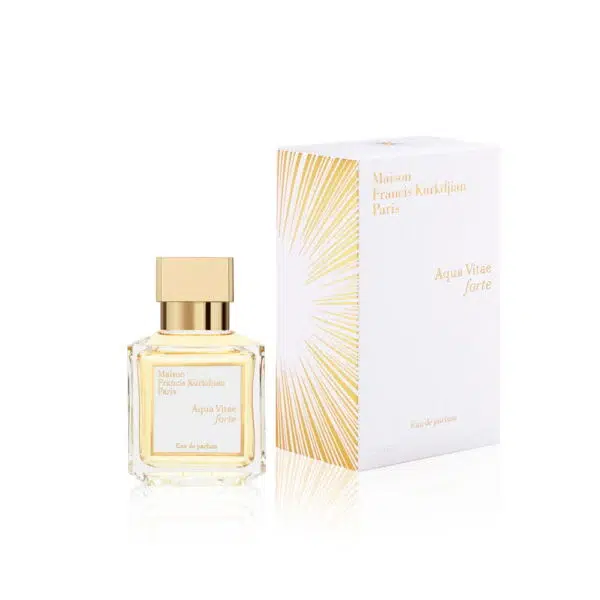 Elegant perfume bottle and matching box with gold accents.