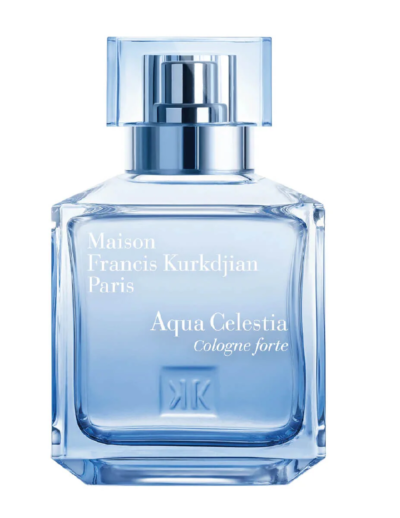 A sleek blue bottle of Maison Francis Kurkdjian Aqua Celestia Cologne Forte.