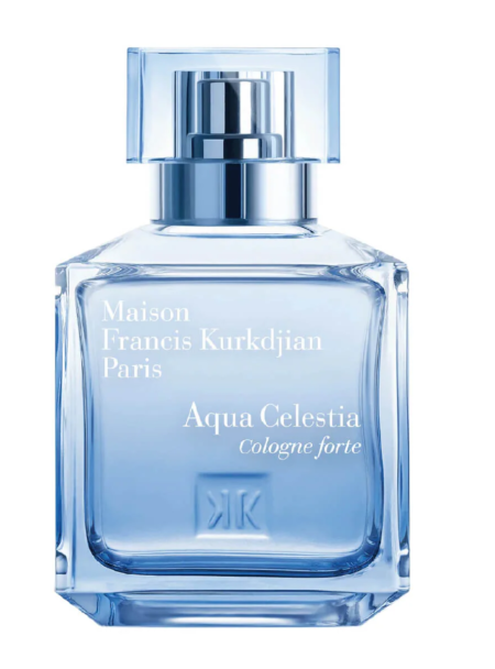 A sleek blue bottle of Maison Francis Kurkdjian Aqua Celestia Cologne Forte.