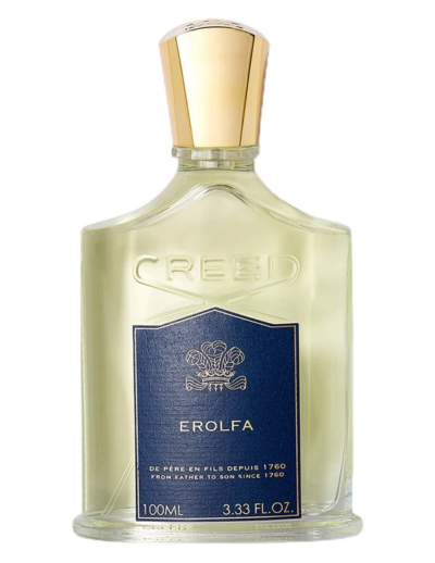 Bottle of Creed Erolfa perfume with a gold cap.