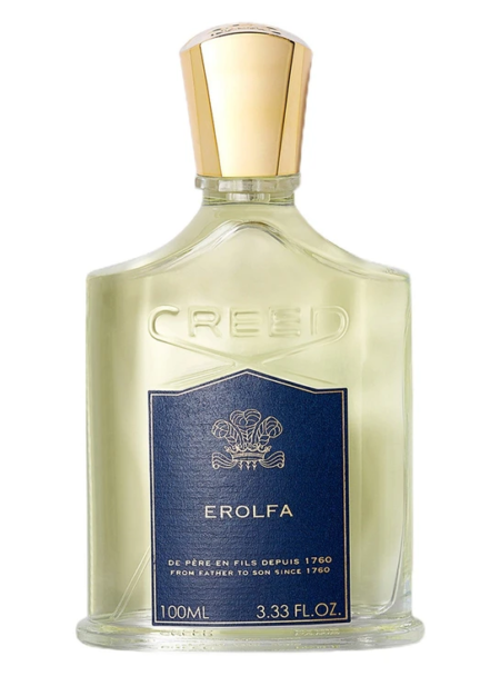 Bottle of Creed Erolfa perfume with a gold cap.