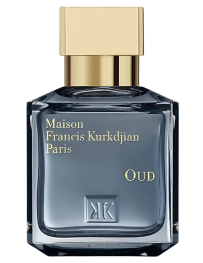 Elegant Maison Francis Kurkdjian Paris Oud perfume bottle with gold cap.