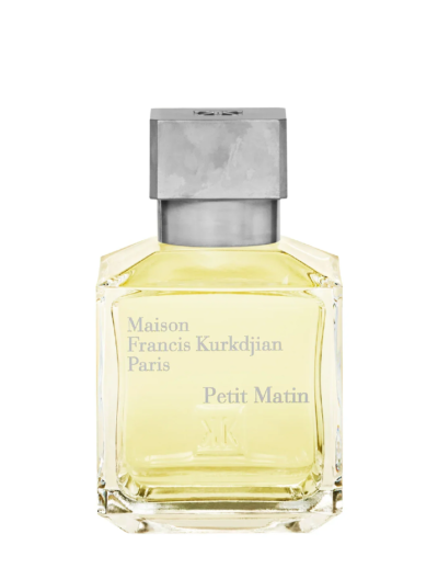 A luxury perfume bottle with a square cap and pale yellow fragrance inside.