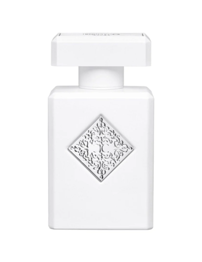 Elegant white perfume bottle with a diamond-shaped label.